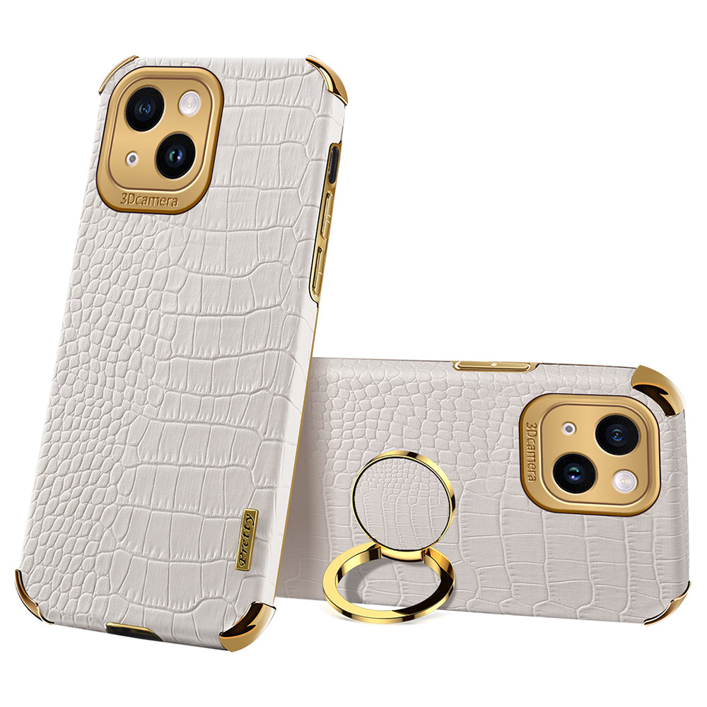 For iPhone 14 Electroplated PU Leather Coated TPU Cover Ring Kickstand Crocodile Texture Phone Case For iPhone 14 Electroplated PU Leather Coated TPU Cover Ring Kickstand Crocodile Texture Phone Case
